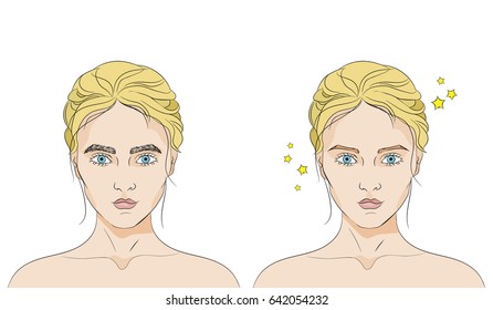 Two faces of a same woman with unkempt and beautiful eyebrows on white background