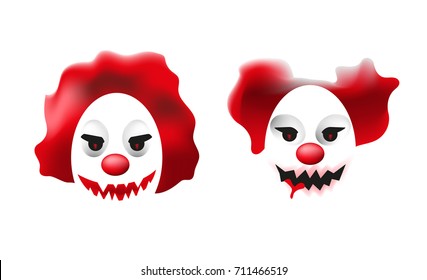 Two faces of scary clowns. Creepy mosters illustration. Halloween horror characters