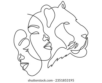 Two Faces Where One is Weak   Crying   the Other is Strong   Head Lioness Lion Tiger in Minimal One Line Art Drawing