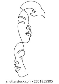 Two Faces Where One is Weak and Crying and the Other is Strong and Ambitious in Minimal One Line Art Drawing