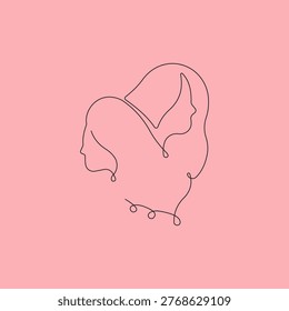 Two faces of women continuous line art on pink background