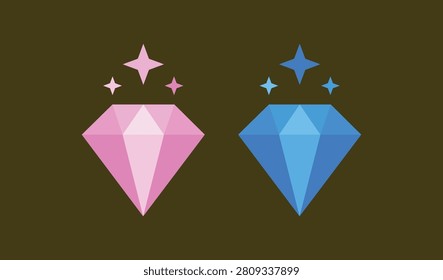 Two faceted gemstone icons, one pink and one blue, with sparkles above on a brown background, in a modern flat design style