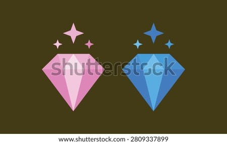 Two faceted gemstone icons, one pink and one blue, with sparkles above on a brown background, in a modern flat design style