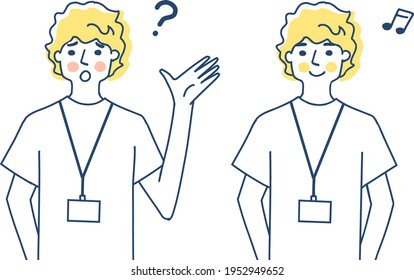 Two facial expressions of a man with an ID card holder on his chest
