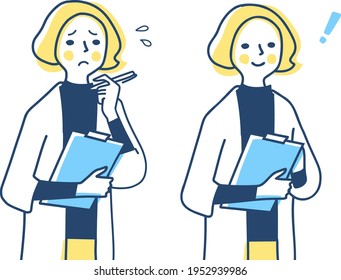Two facial expressions of a woman with a binder