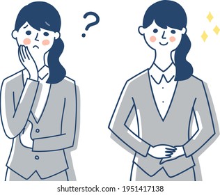 Two facial expressions of a young woman in a suit