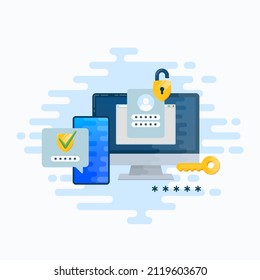 Two factor autentication security illustration. Login confirmation notification with password code message. Smartphone, mobile phone and computer app account shield lock icons. Isolated