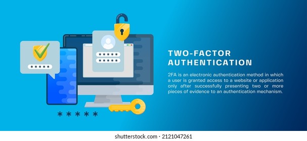 Two factor autentication security illustration banner. Login confirmation notification with password code message. Smartphone, mobile phone and computer app account shield lock icons. Isolated - Shutterstock ID 2121047261