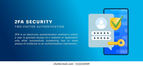 Two factor autentication security illustration banner. Login confirmation notification with password code message. Smartphone, mobile phone and key account shield icons. Isolated