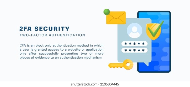 Banner de la ilustración de seguridad de dos factores autentic la acción Notificación de confirmación de inicio de sesión con sobre de mensaje de código de contraseña. Smartphone, aplicación de teléfono móvil, iconos de bloqueo de la cuenta de escudo. Aislado