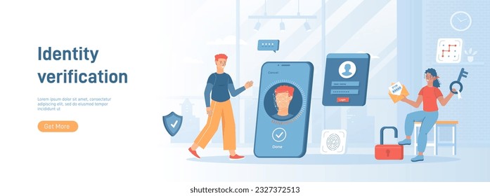 Two Factor Authentication and Identity Verification. Face, fingerprint recognition, pin pattern locking, user account password. Flat concept great for social media promotional material. Website banner