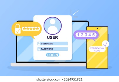 Two factor authentication. You need to enter a password, as well as verify your identity using your number. Used laptop and smartphone. Cartoon flat vector illustration isolated on a blue background