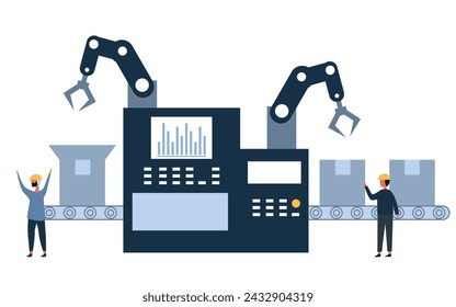 Dos controles de operador de fábrica con trabajadores industriales la línea de producción automática de transportador con línea de montaje Tecnología de fabricación de la industria inteligente
