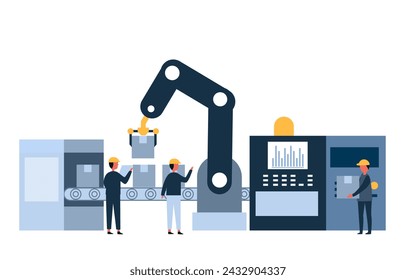 Dos controles de operador de fábrica con trabajadores industriales la línea de producción automática de transportador con línea de montaje Tecnología de fabricación de la industria inteligente