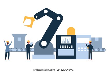 Zwei Fabrikbediener steuern mit Industriearbeitern die automatische Förderlinie mit Montagelinie Smart Industry Manufacturing Technology