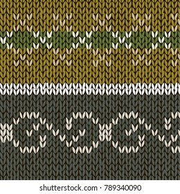 Two fair isle style hand made knitted patterns, mustard, green, grey natural colors. Vector illustration