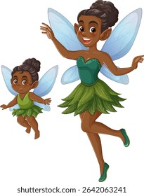 Two fairies with expressive faces and colorful wings in a playful, whimsical style. Bright colors and dynamic poses enhance the fantasy theme