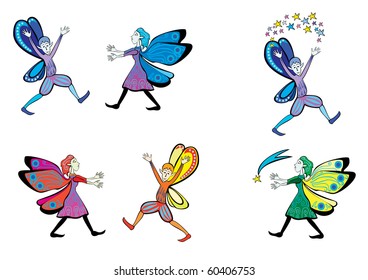 Two fairies are glad to see each other. Fairy playing with stars. Fairy trying to catch a comet. Multiple layers.