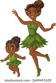Two fairies in green leaf dresses with joyful expressions. Whimsical style, vibrant colors, and playful composition