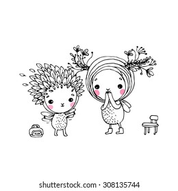 Two fairies on a white background. Hand drawn vector. Coloring book.