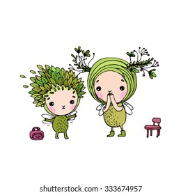 Two fairies on a white background. Hand drawn vector.