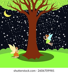 two fairies are playing under the tree