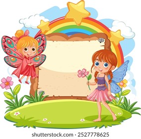 Two fairies with a rainbow background