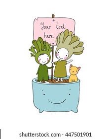 Two fairies succulent, cat and pot. Hand drawing isolated objects on white background. Vector illustration. 