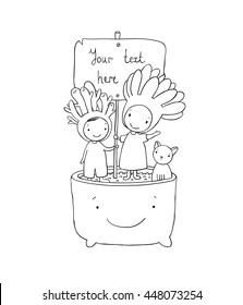 Two fairies succulent, cat and pot. Hand drawing isolated objects on white background. Vector illustration. 