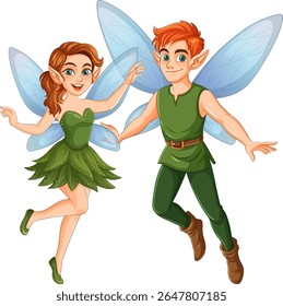 Two fairies with vibrant wings and green outfits, showcasing whimsical charm and fantasy elements in a vector illustration