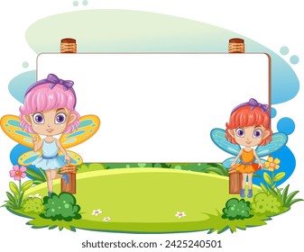 Two fairies with wings beside a blank banner.