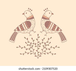 Two fairy birds sitting on the branches. Vector illustration in rustic style for textile, greeting card, poster.