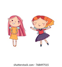 Two fairy girls with little wings. Cartoon fantasy characters with colorful hair and bright clothes. Hand drawn vector design for children s book, postcard or print