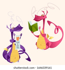 Two fairy-tale dragons. Diada de Sant Jordi (the Saint George’s Day). Traditional festival in Catalonia, Spain. Dia del llibre (The Day of the Book). Vector illustration. 