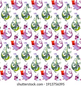 Two fairy-tale dragons. Diada de Sant Jordi (the Saint George’s Day). Traditional festival in Catalonia, Spain. Seamless background pattern. Vector illustration 