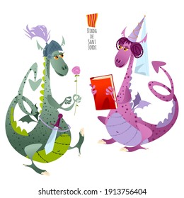 Dos dragones de cuento de hadas. Diada de Sant Jordi (Día de San Jorge). Festival tradicional en Cataluña, España. Dia del llibre. Ilustración vectorial. 