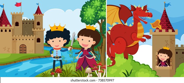 Two fairytale scenes with princess in the tower illustration