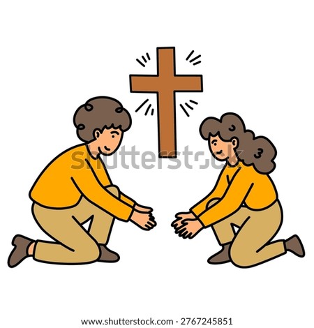 Two faithful believers kneeling down and praying sincerely near a simple cross