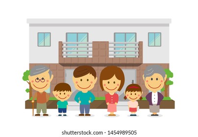 two families home / duplex home. 3 generation happy family (asian). flat vector llustration. 