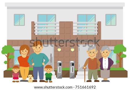 two families home / duplex home. 3 generation family illustration. 

