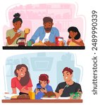 Two Families Sitting At Their Dining Tables, Engaged In Using Their Phones While Eating. Concept Highlights Modern Trend Of Device Use During Family Meals And Its Impact On Communication And Bonding