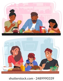 Two Families Sitting At Their Dining Tables, Engaged In Using Their Phones While Eating. Concept Highlights Modern Trend Of Device Use During Family Meals And Its Impact On Communication And Bonding