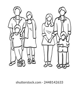 two family with father mother and son standing together illustration vector hand drawn isolated on white background