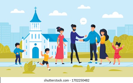 Two Family Friend Meeting at City Church Building. Parent with Children Outside. Religion Architecture Design. Friendship Support at Famous temple landmark. People Conversation. Vector Illustration