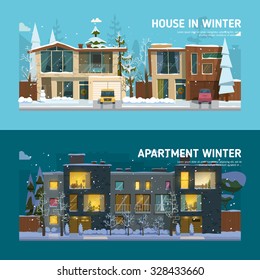 Two family house and apartment banners in winter.