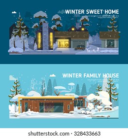 Two family house and apartment banners in winter.