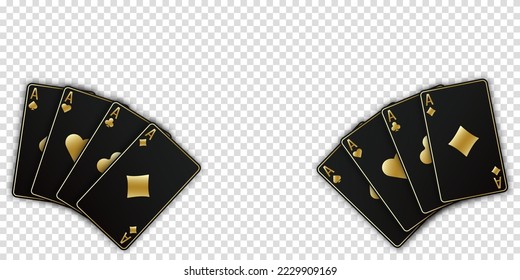 A two fan of playing cards consisting of four black and golden Ace of Spades, Diamonds, Clubs, Hearts. Vector illustration poker and casino of all the aces on a transparent background.