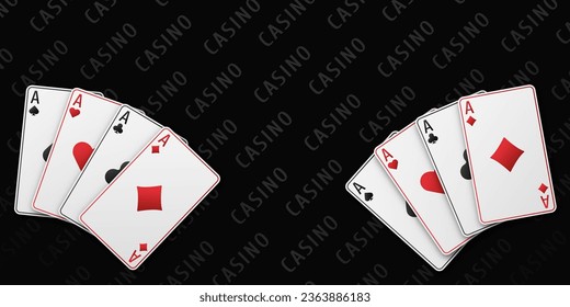 Two Fans of hand playing cards on a black gaming table. Aces with the suit of hearts, clubs, diamonds and spades. Casino or poker concept. Vetor illustration.