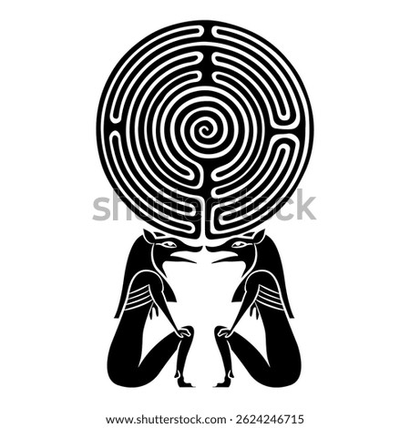 Two fantastic animals holding a round spiral maze or labyrinth symbol. Mystery of ancient Egyptian civilization. Black and white silhouette.