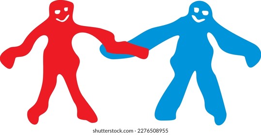 Two fantastic cartoon abstract people, male and female images, holding hands. Humor, Halloween. Vector graphics